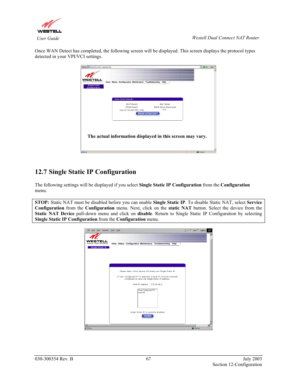 Single static ip configuration, 7 single static ip configuration | Westell Technologies 2200 User Manual | Page 71 / 133