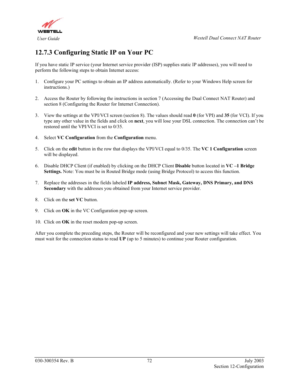 3 configuring static ip on your pc | Westell Technologies 2200 User Manual | Page 76 / 133