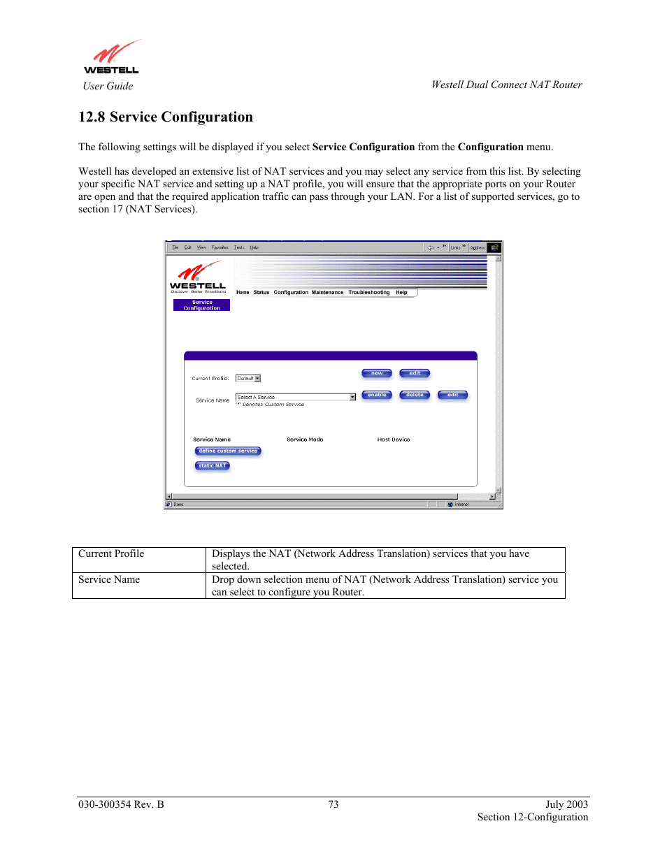 Service configuration, 8 service configuration | Westell Technologies 2200 User Manual | Page 77 / 133