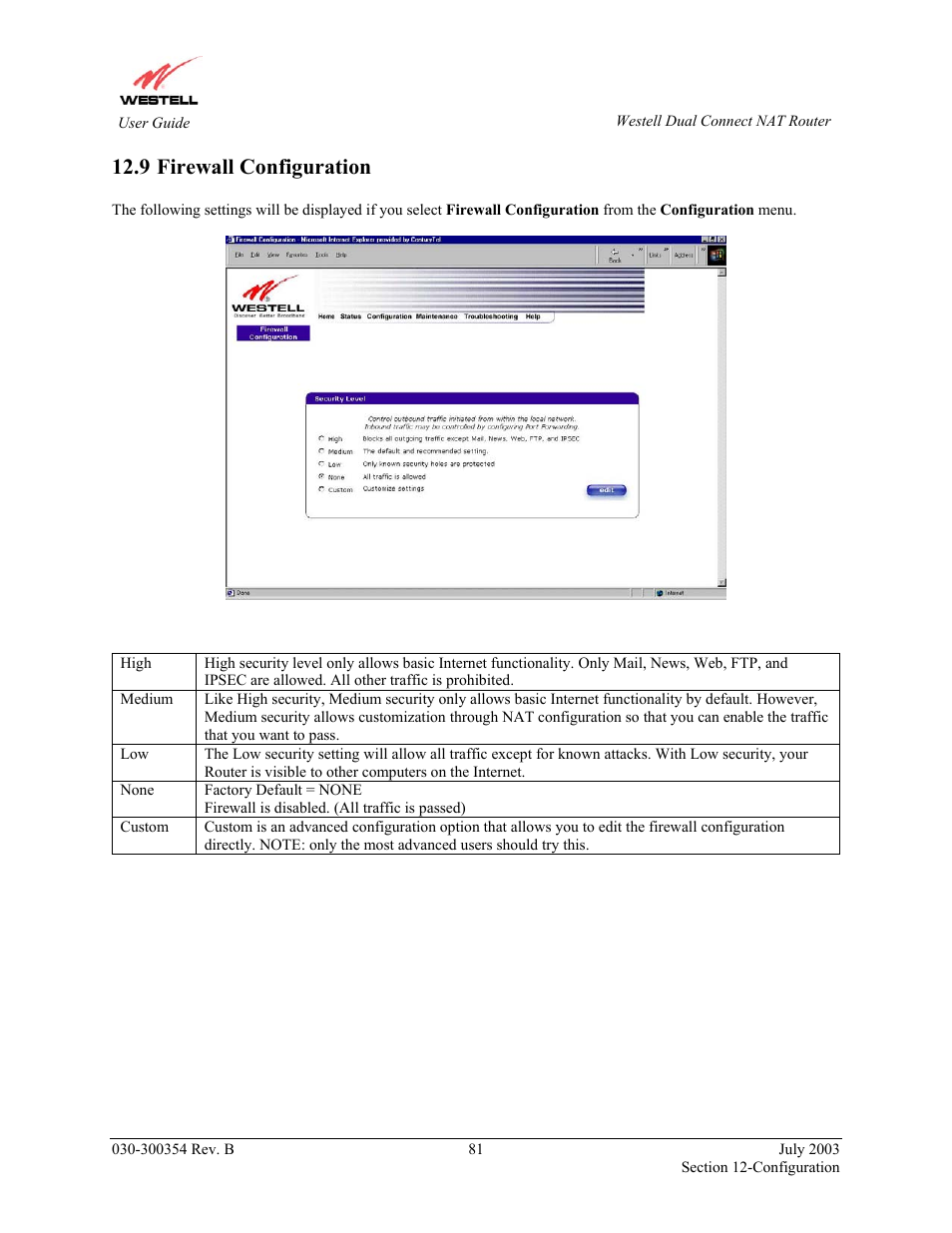 Firewall configuration, 9 firewall configuration | Westell Technologies 2200 User Manual | Page 85 / 133