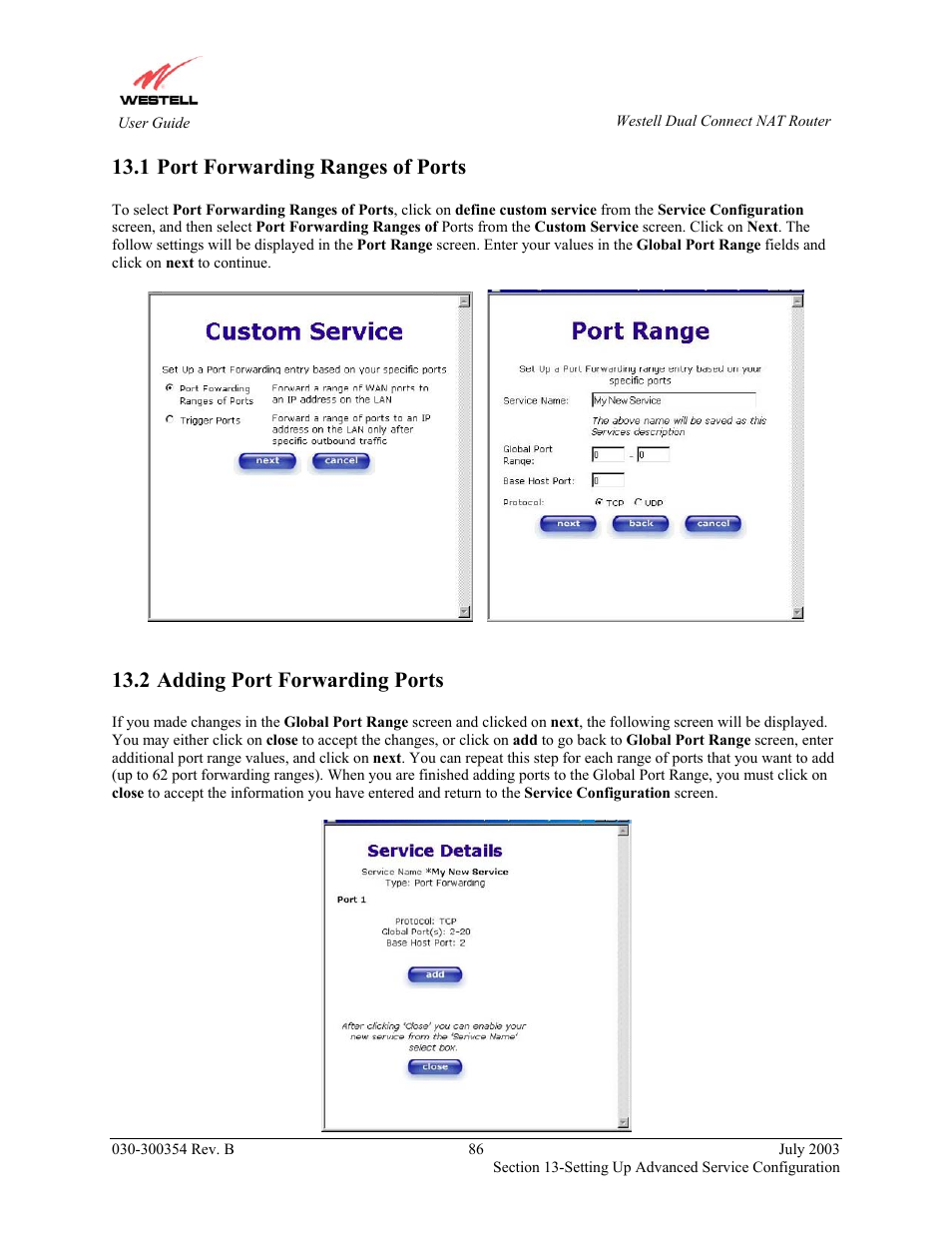 Port forwarding ranges of ports, Adding port forwarding ports, 1 port forwarding ranges of ports | 2 adding port forwarding ports | Westell Technologies 2200 User Manual | Page 90 / 133