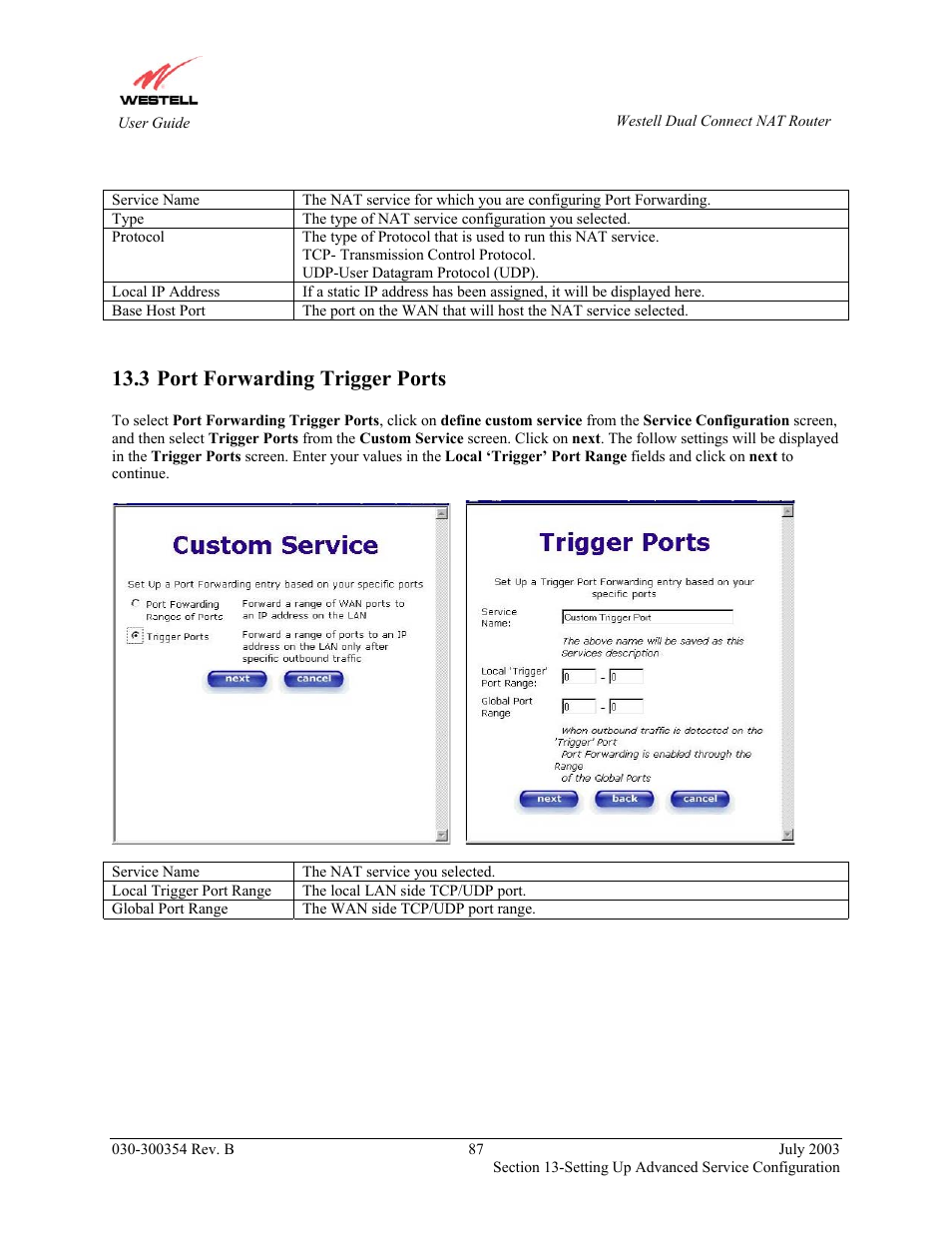 Port forwarding trigger ports, 3 port forwarding trigger ports | Westell Technologies 2200 User Manual | Page 91 / 133