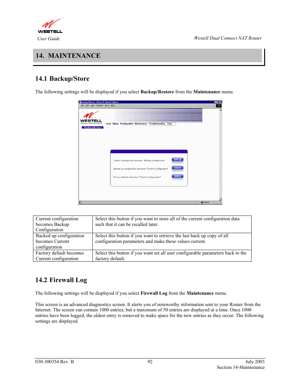 Maintenance, Backup/store, Firewall log | 1 backup/store, 2 firewall log | Westell Technologies 2200 User Manual | Page 96 / 133