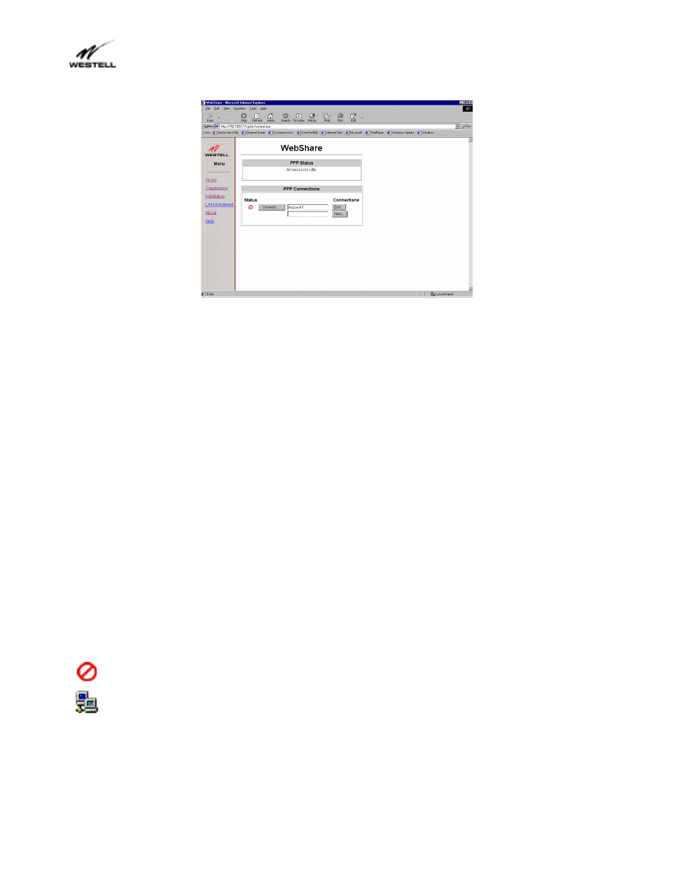 2 connections, 3 connect/disconnect, 4 edit/new | 5 status | Westell Technologies Webshare 36R566 User Manual | Page 31 / 44