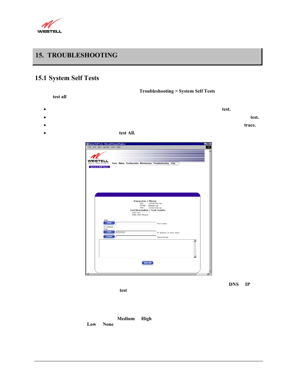 Troubleshooting, System self tests, 1 system self tests | Westell Technologies Westell LiteLine 6110 User Manual | Page 106 / 146