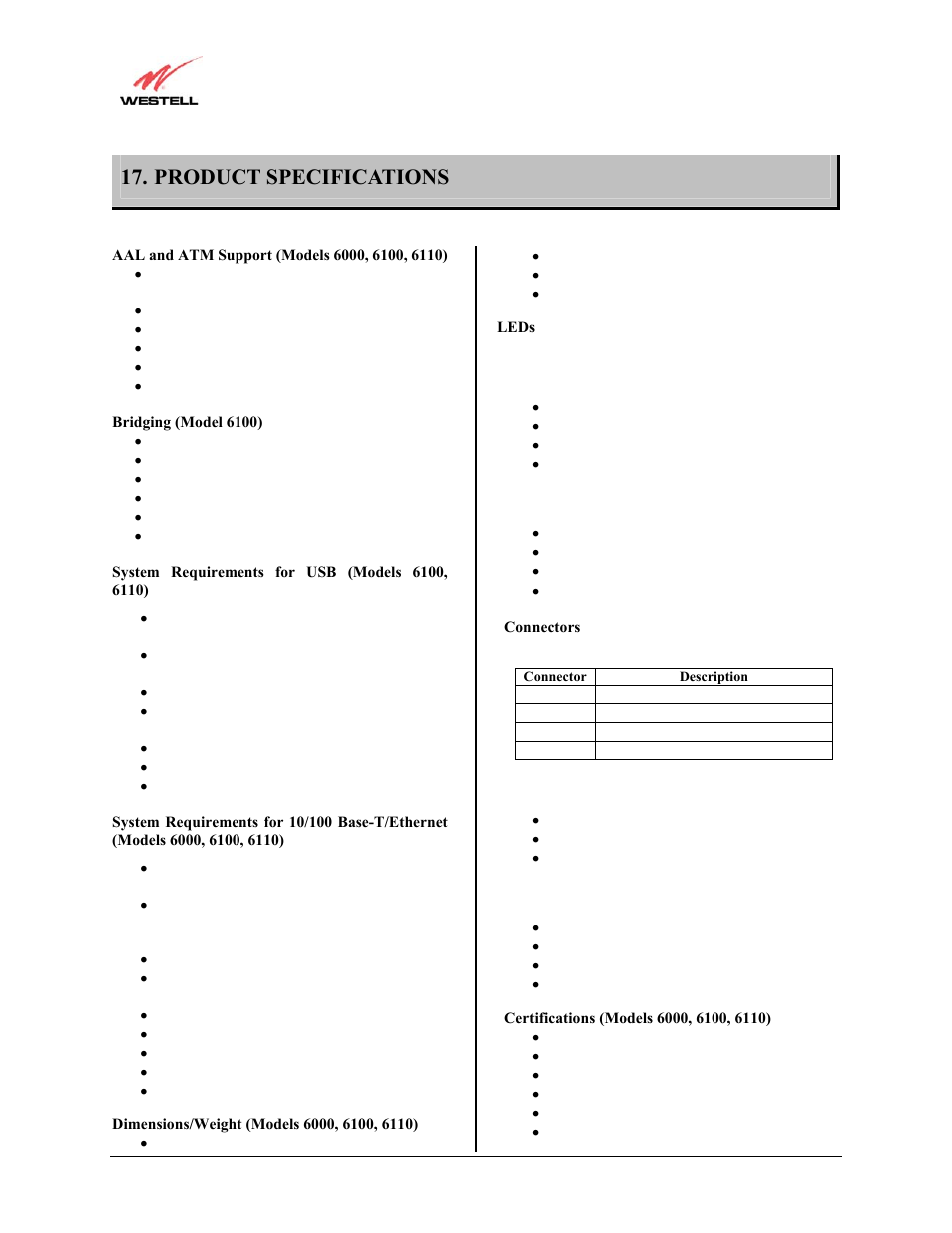 Product specifications (models 6000, 6100, 6110), Product specifications | Westell Technologies Westell LiteLine 6110 User Manual | Page 119 / 146