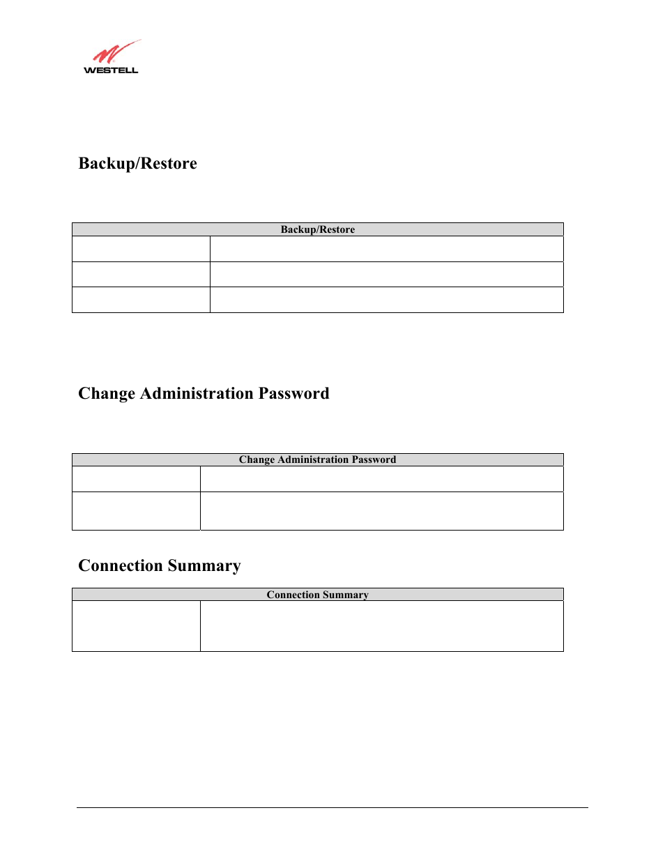 Backup/restore, Change administration password, Connection summary | Westell Technologies Westell LiteLine 6110 User Manual | Page 122 / 146