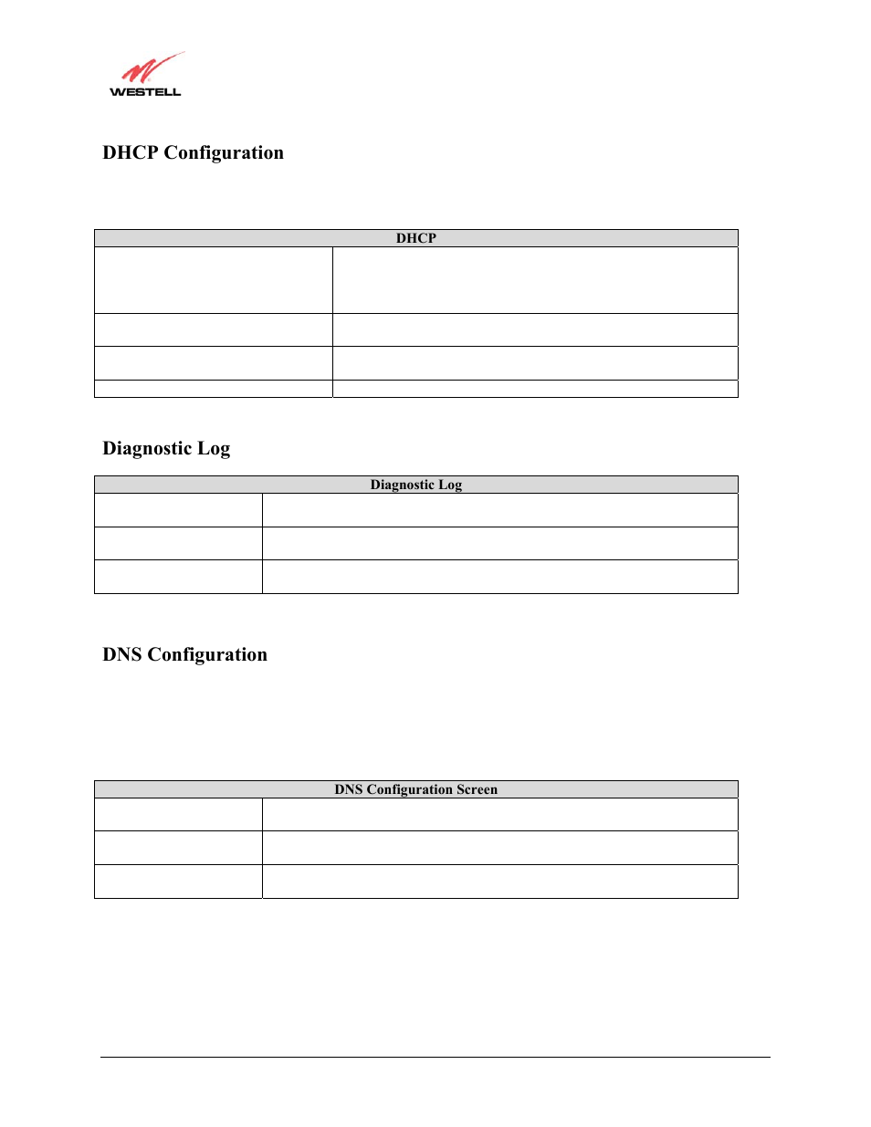 Dhcp configuration, Diagnostic log, Dns configuration | Westell Technologies Westell LiteLine 6110 User Manual | Page 126 / 146