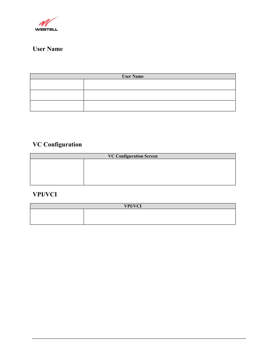 User name, Vc configuration, Vpi/vci | Westell Technologies Westell LiteLine 6110 User Manual | Page 133 / 146