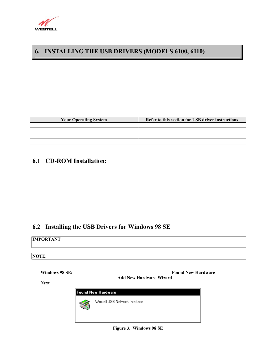 Installing the usb drivers (models 6100, 6110), Cd-rom installation, Installing the usb drivers for windows 98 se | 6 to, 1 cd-rom installation, 2 installing the usb drivers for windows 98 se | Westell Technologies Westell LiteLine 6110 User Manual | Page 15 / 146