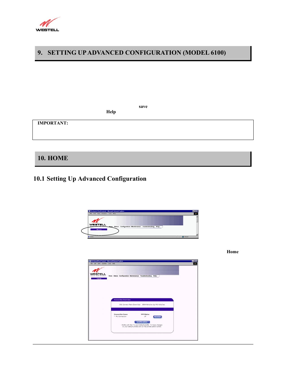 Setting up advanced configuration (model 6100), Home, Setting up advanced configuration | 1 setting up advanced configuration | Westell Technologies Westell LiteLine 6110 User Manual | Page 40 / 146