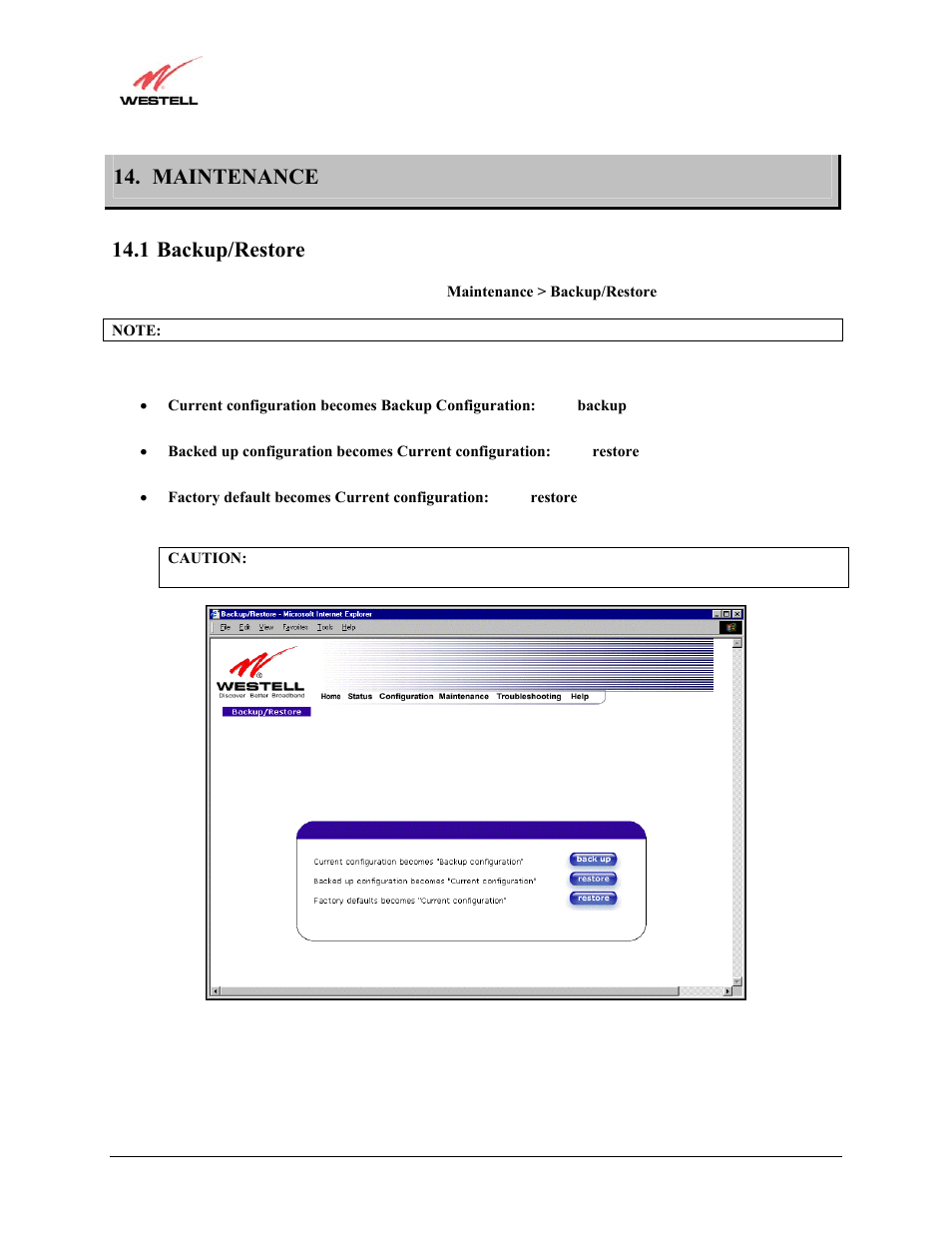 Maintenance, Backup/restore, 1 backup/restore | Westell Technologies Westell LiteLine 6110 User Manual | Page 97 / 146