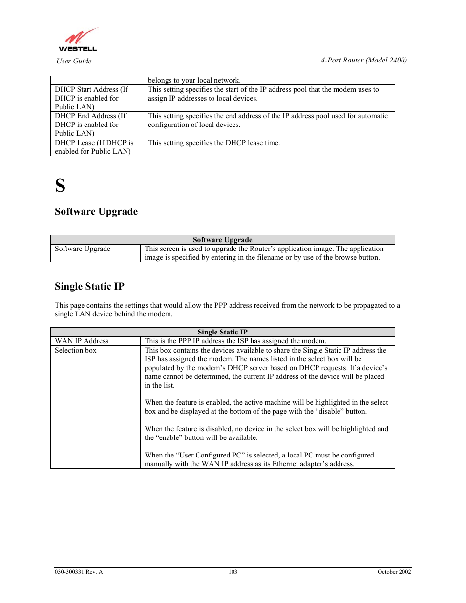 Software upgrade, Single static ip | Westell Technologies Router 2400 User Manual | Page 105 / 114