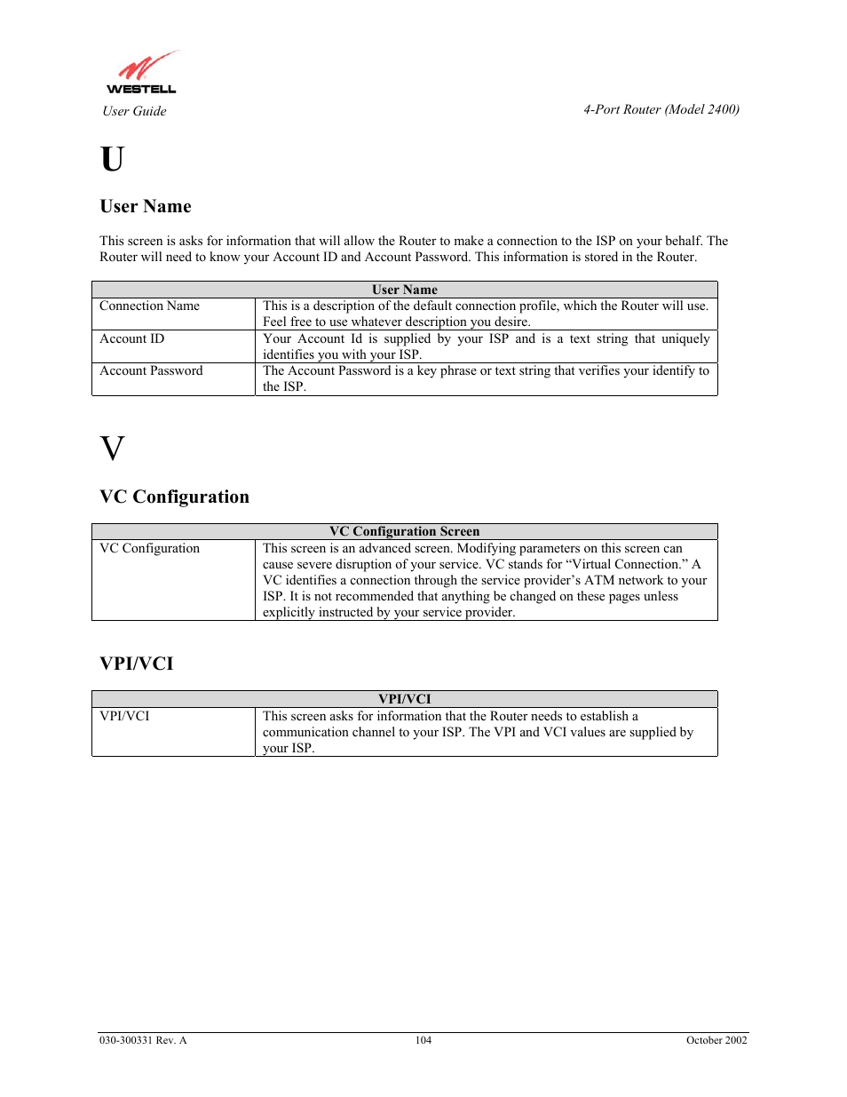 User name, Vc configuration, Vpi/vci | Westell Technologies Router 2400 User Manual | Page 106 / 114