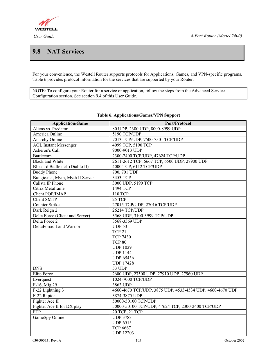 8 nat services | Westell Technologies Router 2400 User Manual | Page 107 / 114