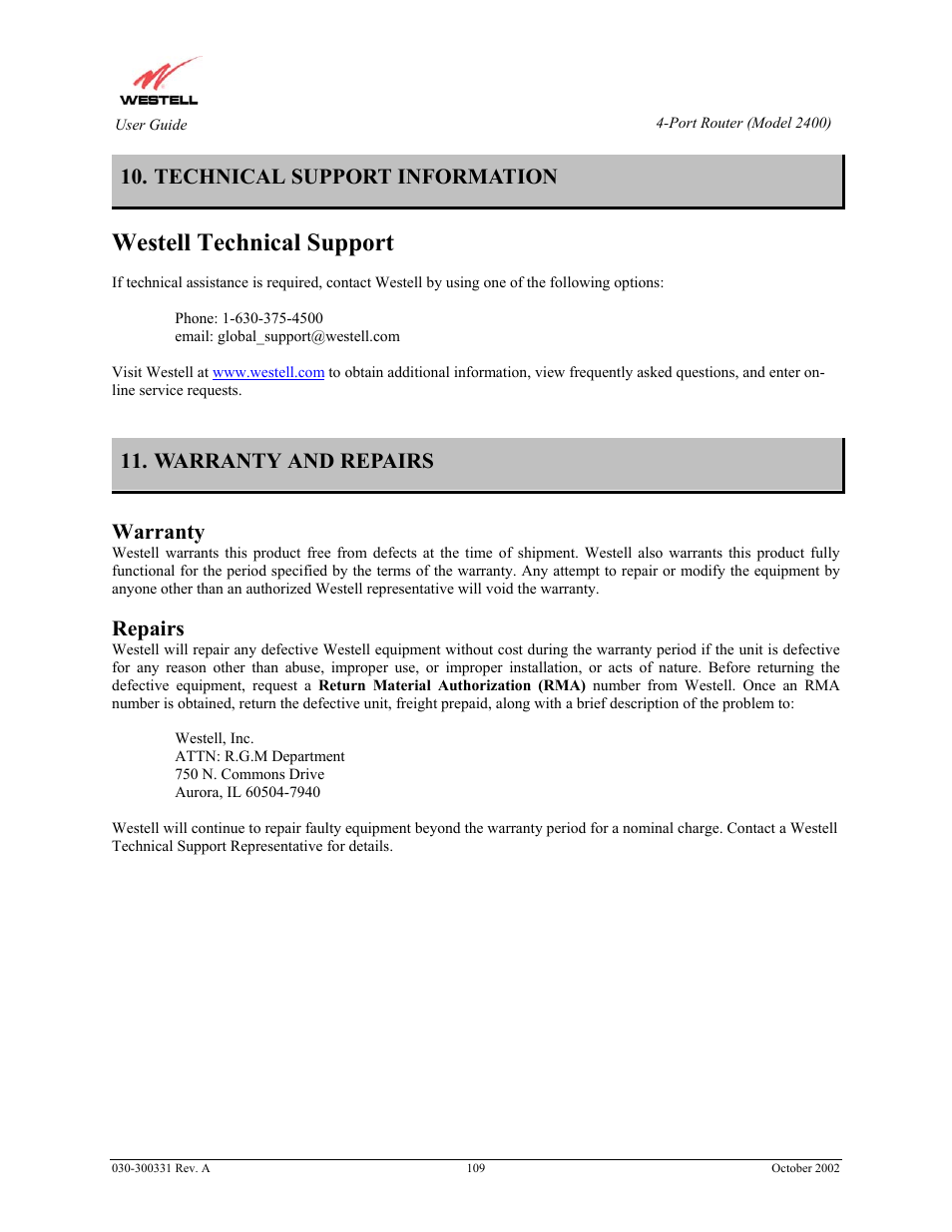Westell technical support, Technical support information, Warranty and repairs warranty | Repairs | Westell Technologies Router 2400 User Manual | Page 111 / 114