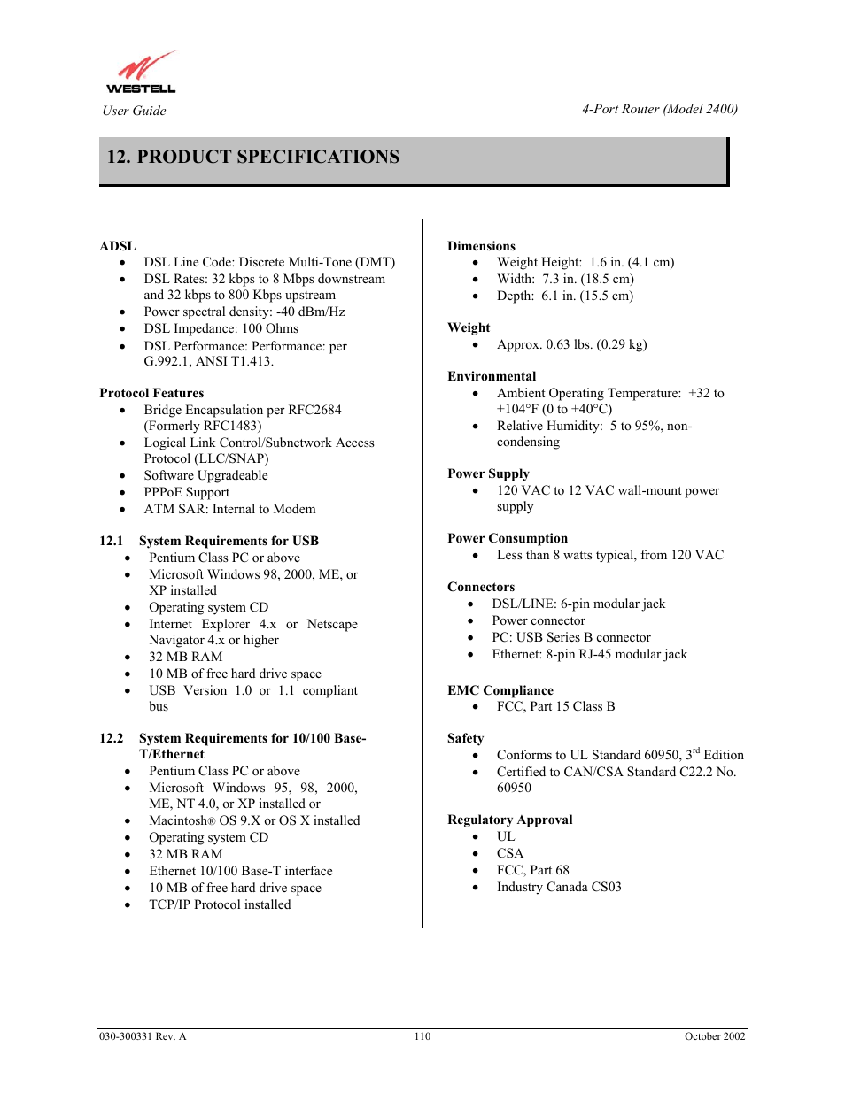 Product specifications | Westell Technologies Router 2400 User Manual | Page 112 / 114