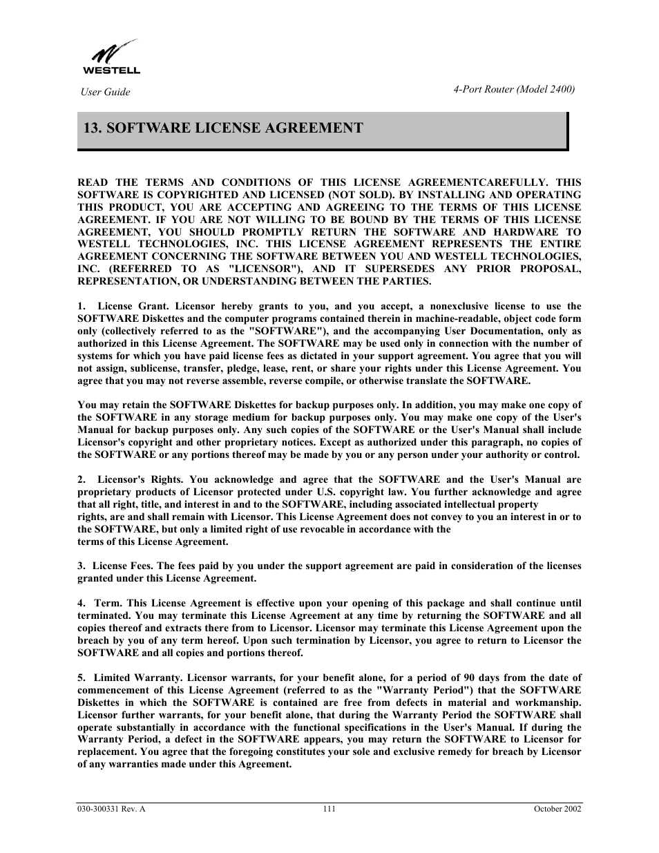 Software license agreement | Westell Technologies Router 2400 User Manual | Page 113 / 114