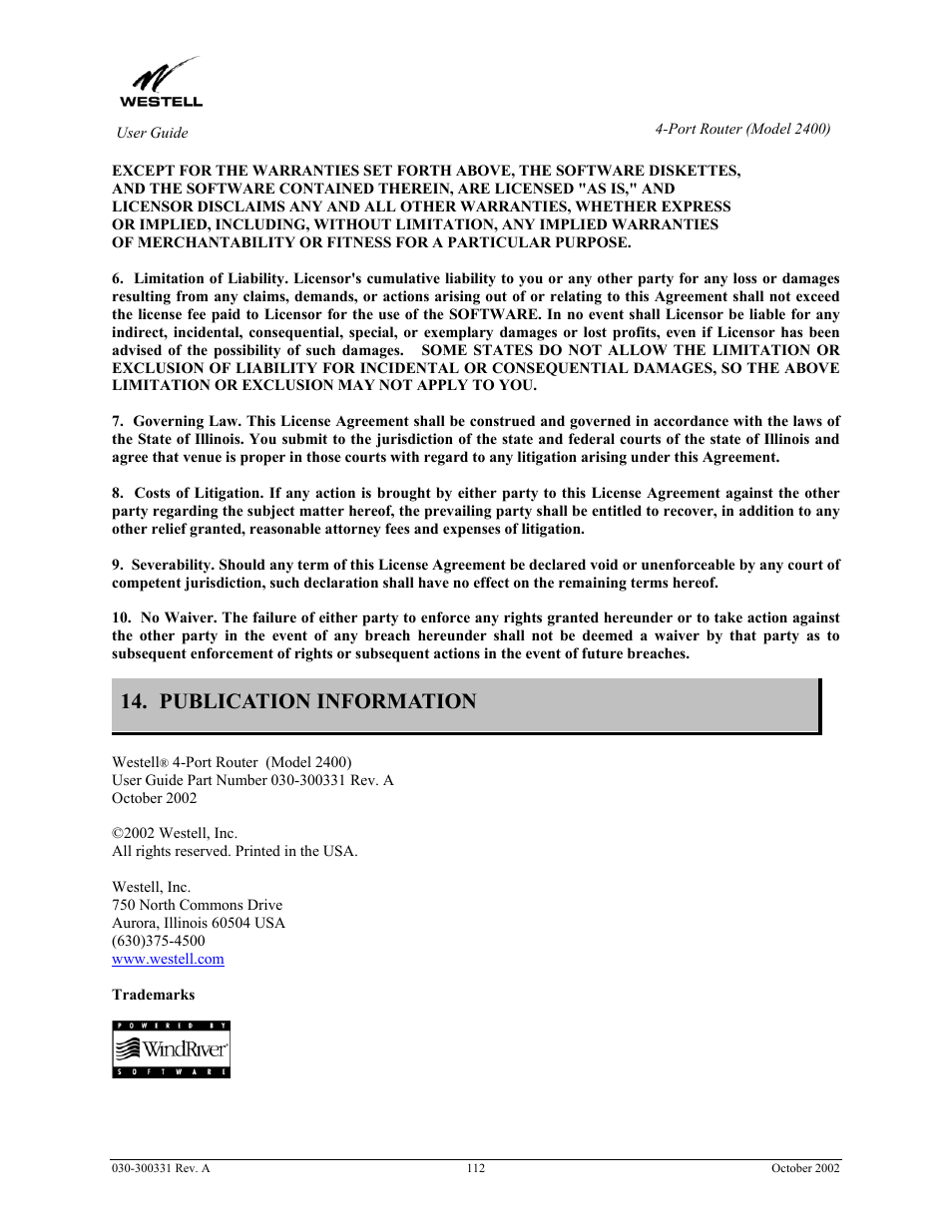 Publication information | Westell Technologies Router 2400 User Manual | Page 114 / 114