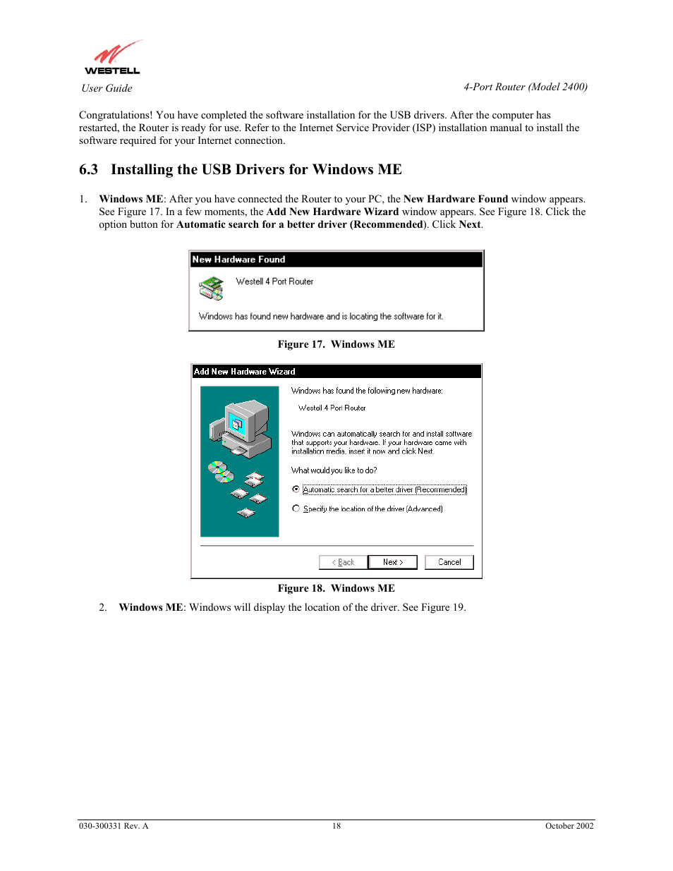 3 installing the usb drivers for windows me | Westell Technologies Router 2400 User Manual | Page 20 / 114