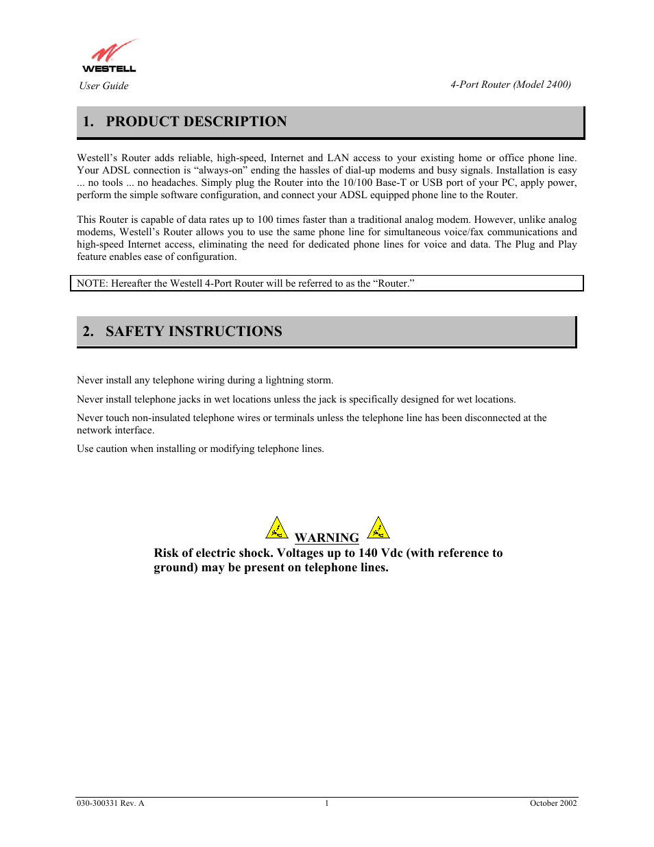 Product description, Safety instructions | Westell Technologies Router 2400 User Manual | Page 3 / 114
