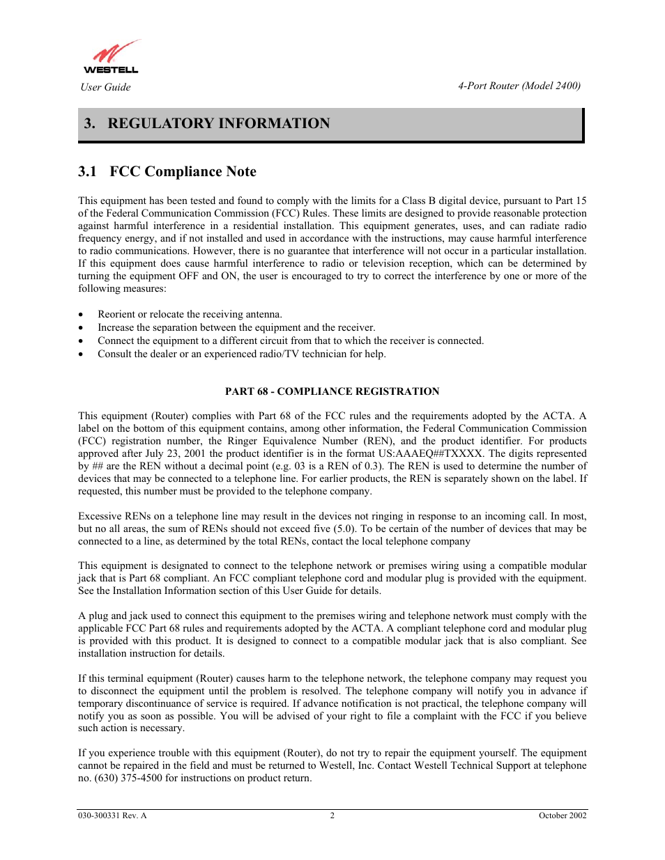 Regulatory information | Westell Technologies Router 2400 User Manual | Page 4 / 114