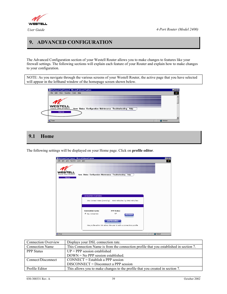 Advanced configuration, 1 home | Westell Technologies Router 2400 User Manual | Page 41 / 114