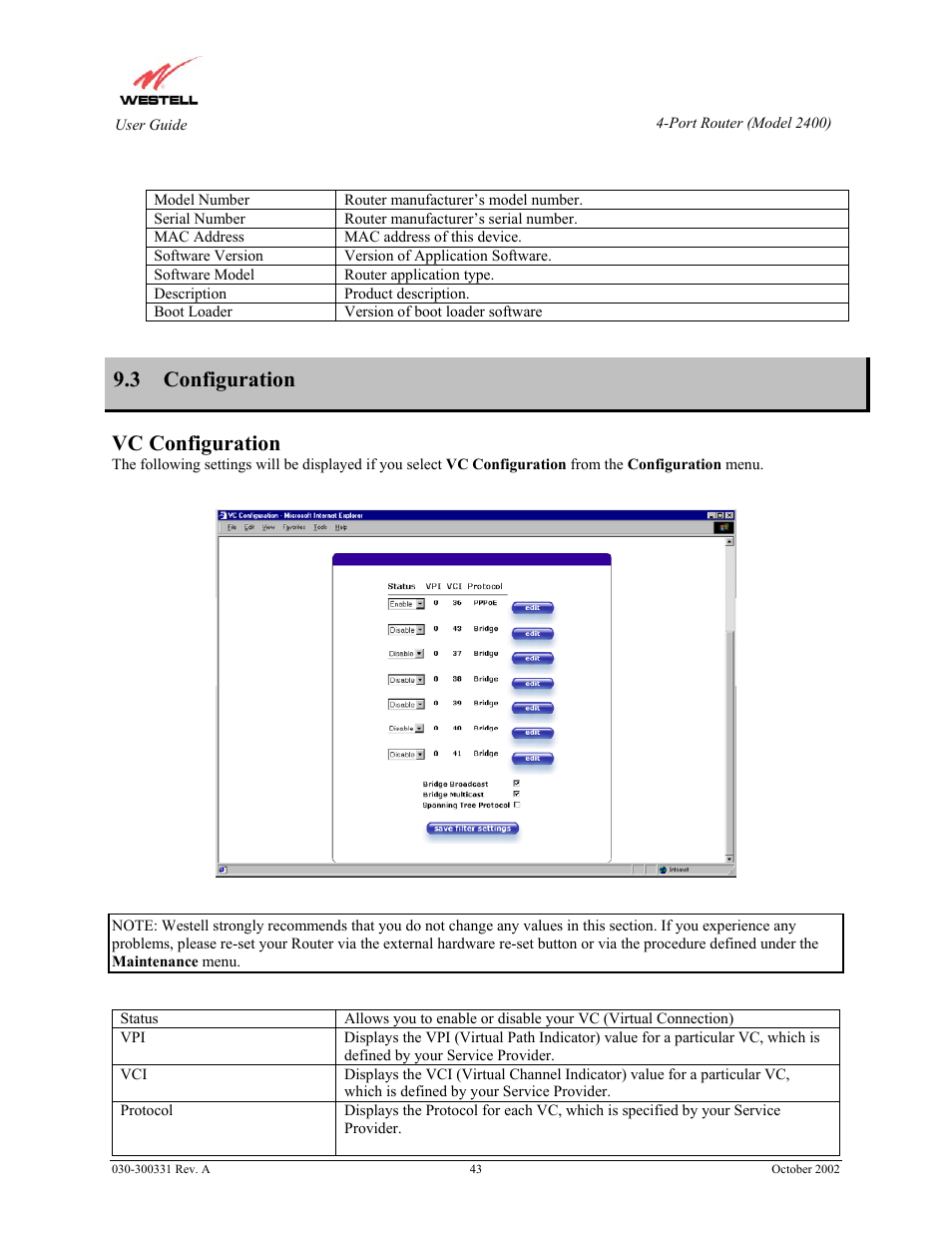 3 configuration, Vc configuration | Westell Technologies Router 2400 User Manual | Page 45 / 114