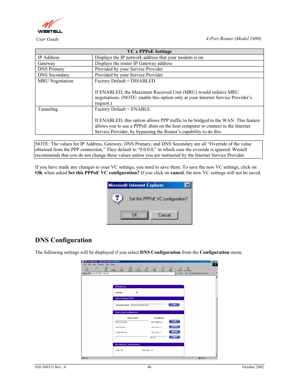 Dns configuration | Westell Technologies Router 2400 User Manual | Page 48 / 114