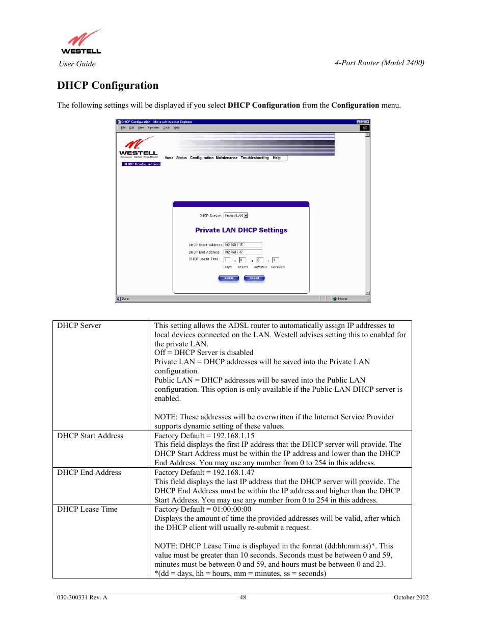 Dhcp configuration | Westell Technologies Router 2400 User Manual | Page 50 / 114