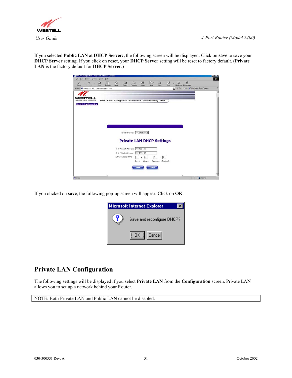 Private lan configuration | Westell Technologies Router 2400 User Manual | Page 53 / 114