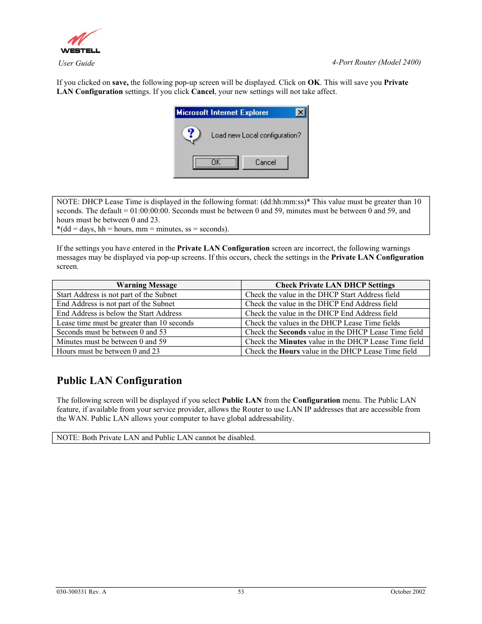 Public lan configuration | Westell Technologies Router 2400 User Manual | Page 55 / 114