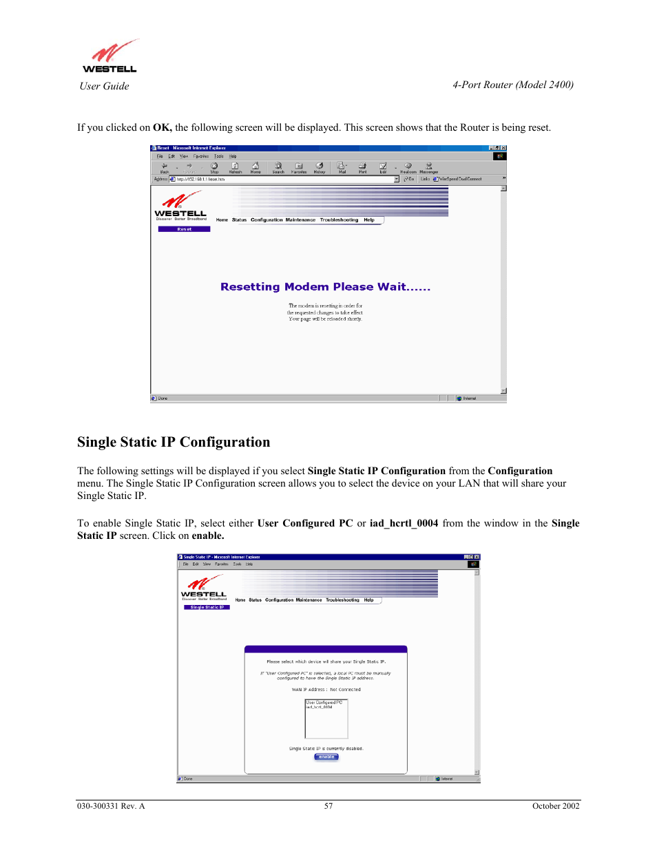 Single static ip configuration | Westell Technologies Router 2400 User Manual | Page 59 / 114