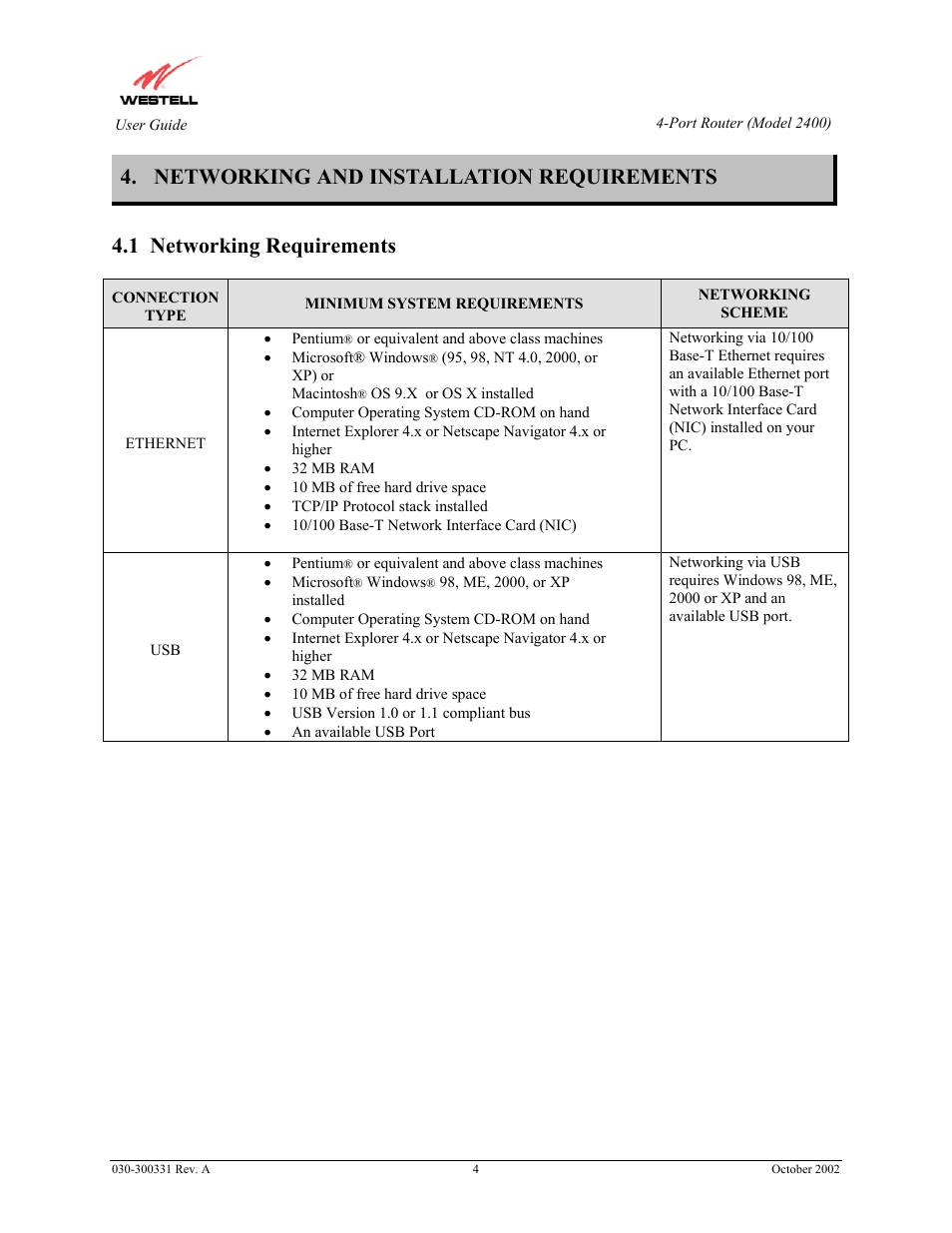 Networking and installation requirements, 1 networking requirements | Westell Technologies Router 2400 User Manual | Page 6 / 114