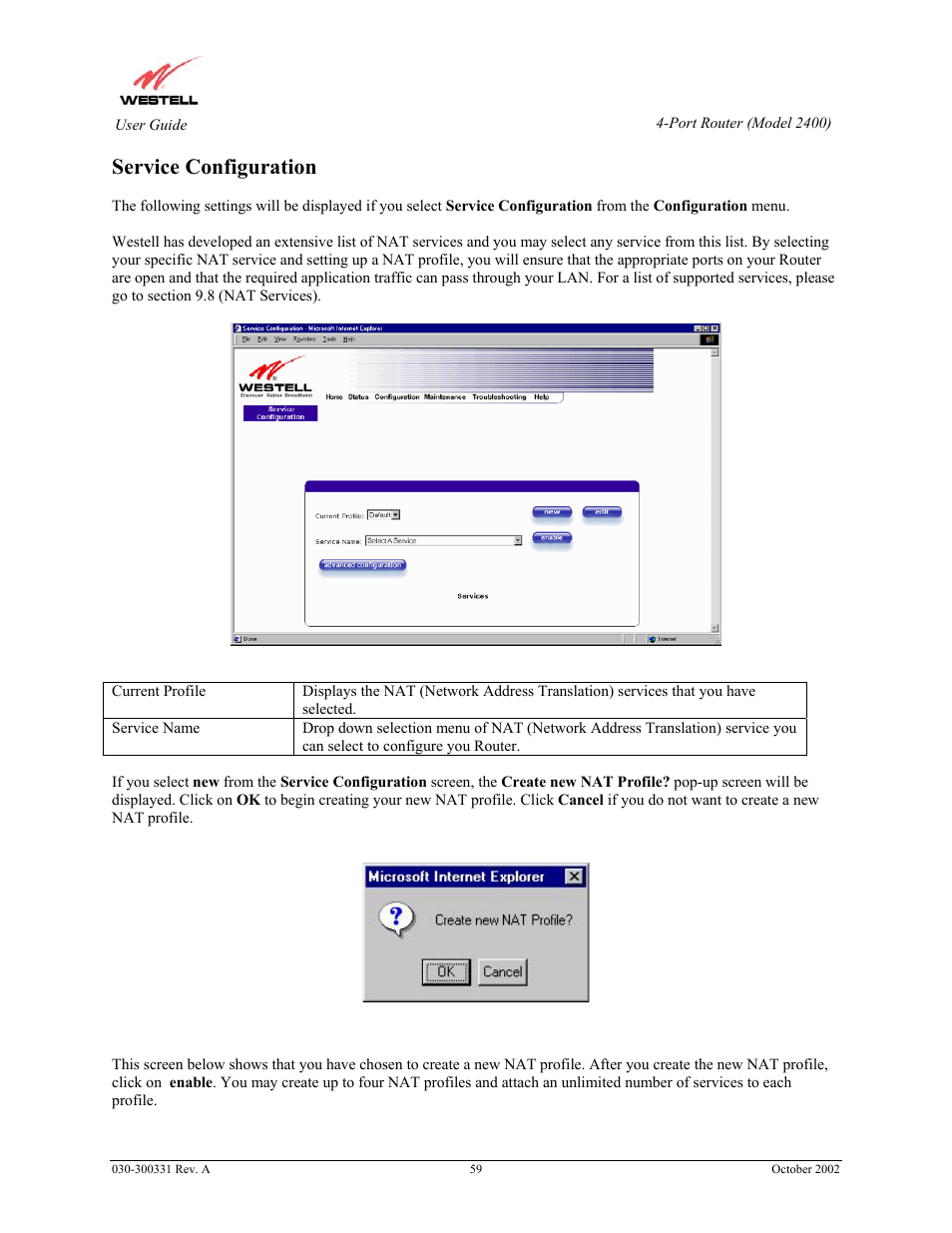 Service configuration | Westell Technologies Router 2400 User Manual | Page 61 / 114
