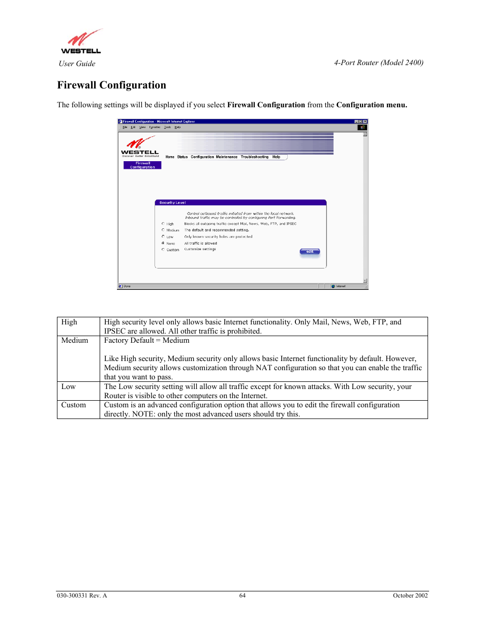 Firewall configuration | Westell Technologies Router 2400 User Manual | Page 66 / 114