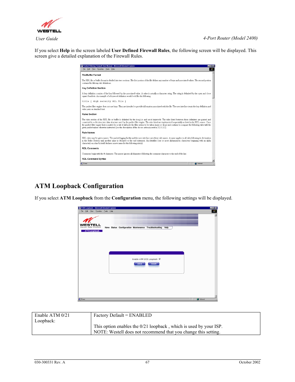 Atm loopback configuration | Westell Technologies Router 2400 User Manual | Page 69 / 114