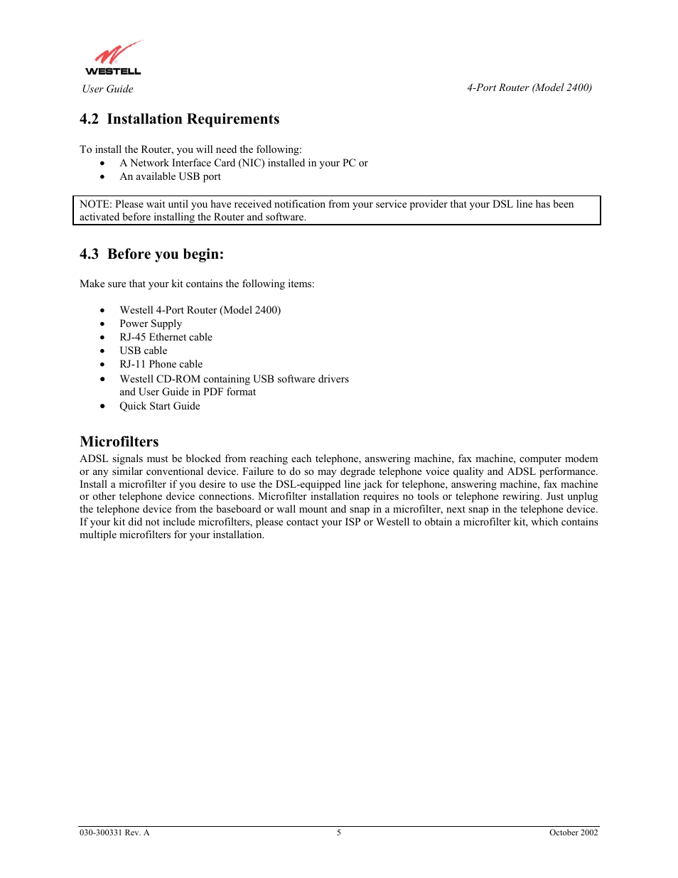 2 installation requirements, 3 before you begin, Microfilters | Westell Technologies Router 2400 User Manual | Page 7 / 114