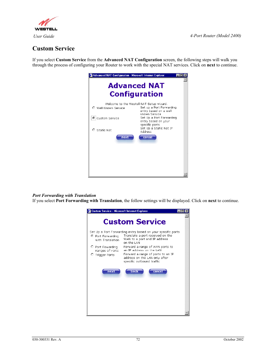 Custom service | Westell Technologies Router 2400 User Manual | Page 74 / 114