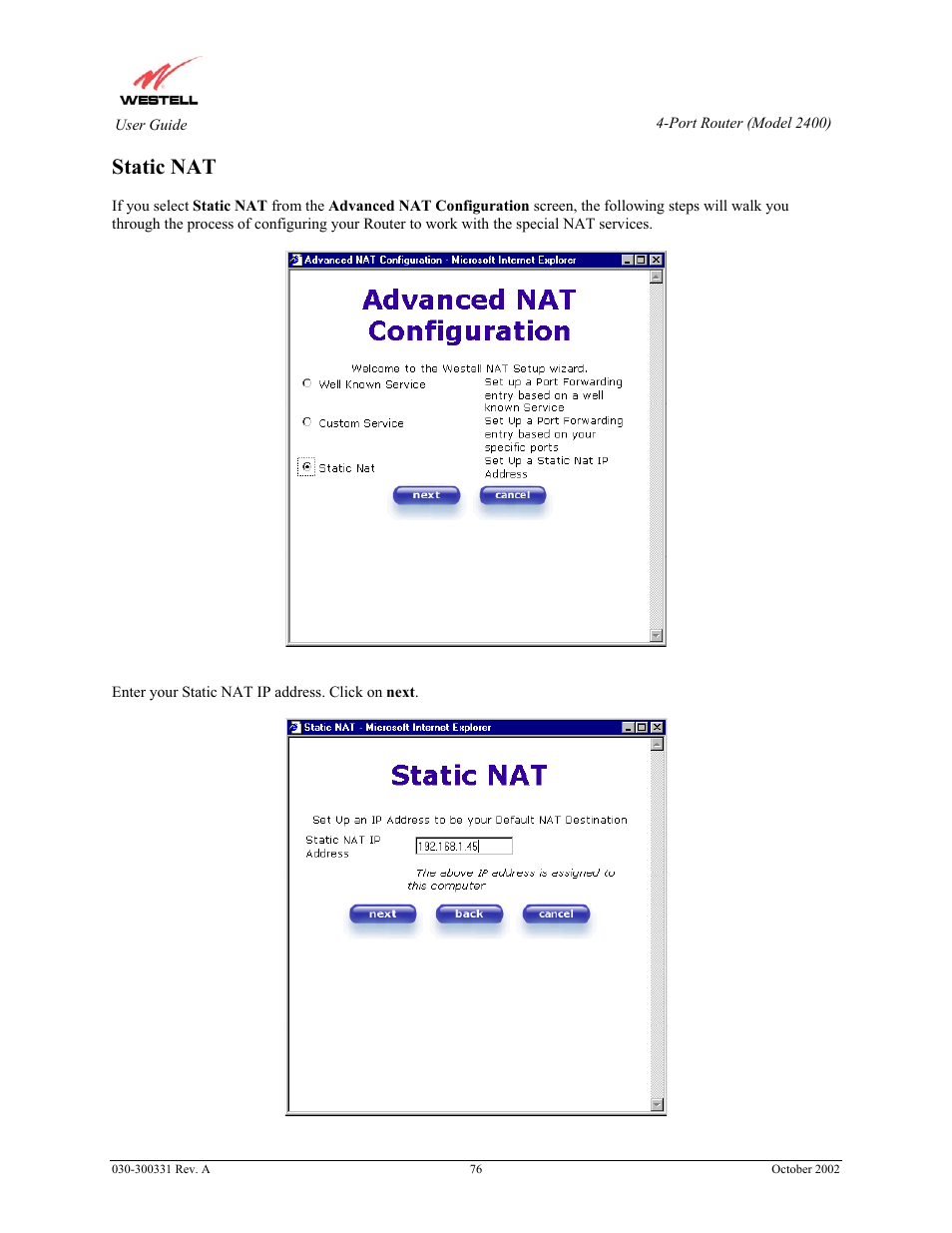 Static nat | Westell Technologies Router 2400 User Manual | Page 78 / 114