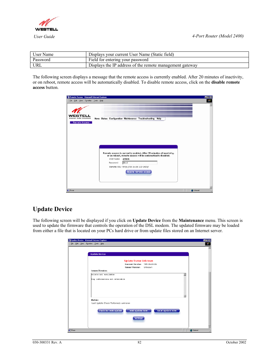 Update device | Westell Technologies Router 2400 User Manual | Page 84 / 114