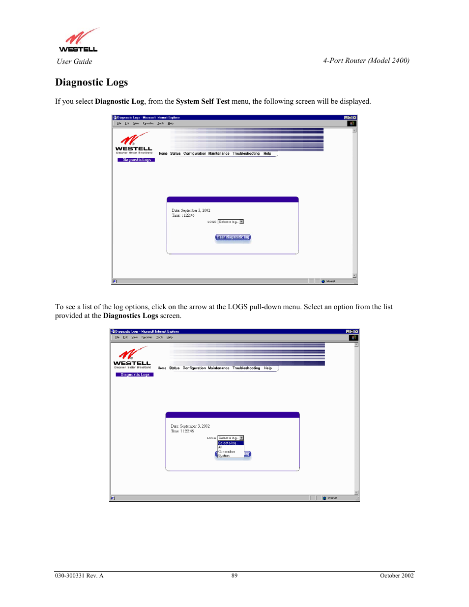 Diagnostic logs | Westell Technologies Router 2400 User Manual | Page 91 / 114
