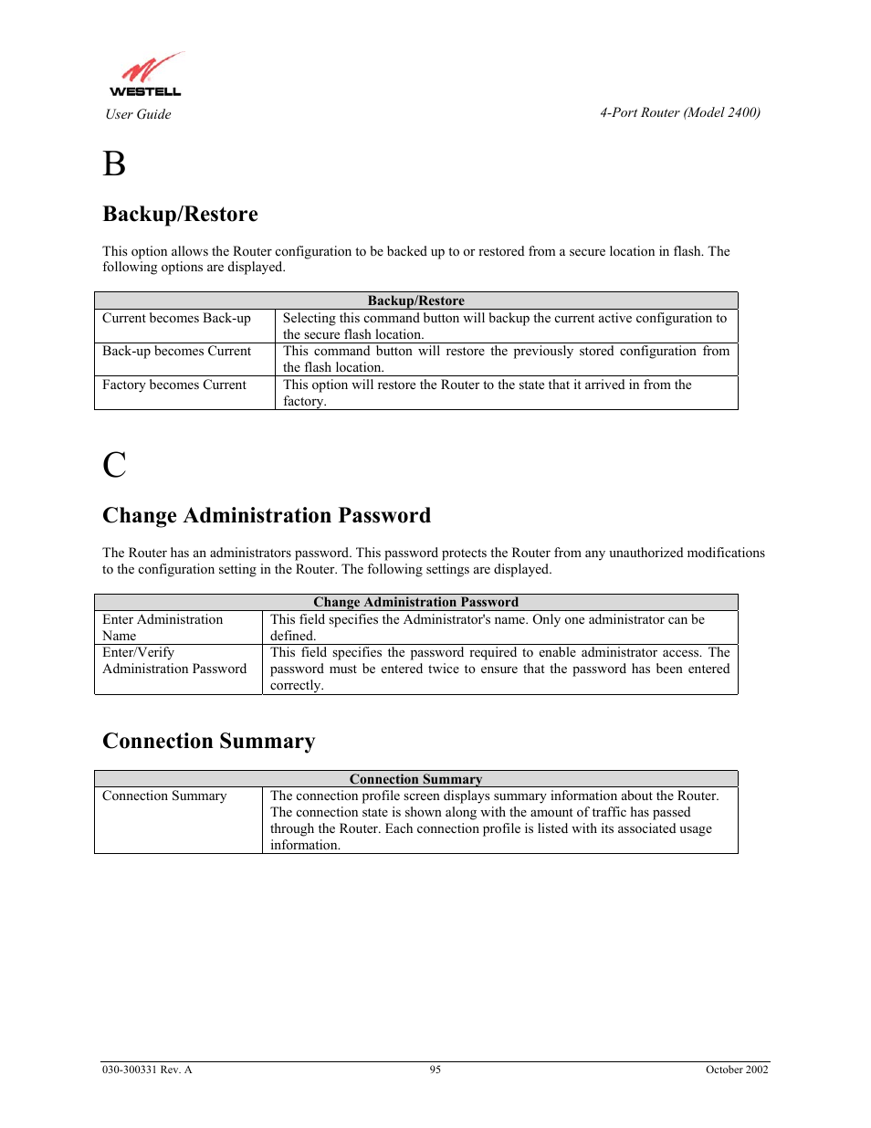 Backup/restore, Change administration password, Connection summary | Westell Technologies Router 2400 User Manual | Page 97 / 114
