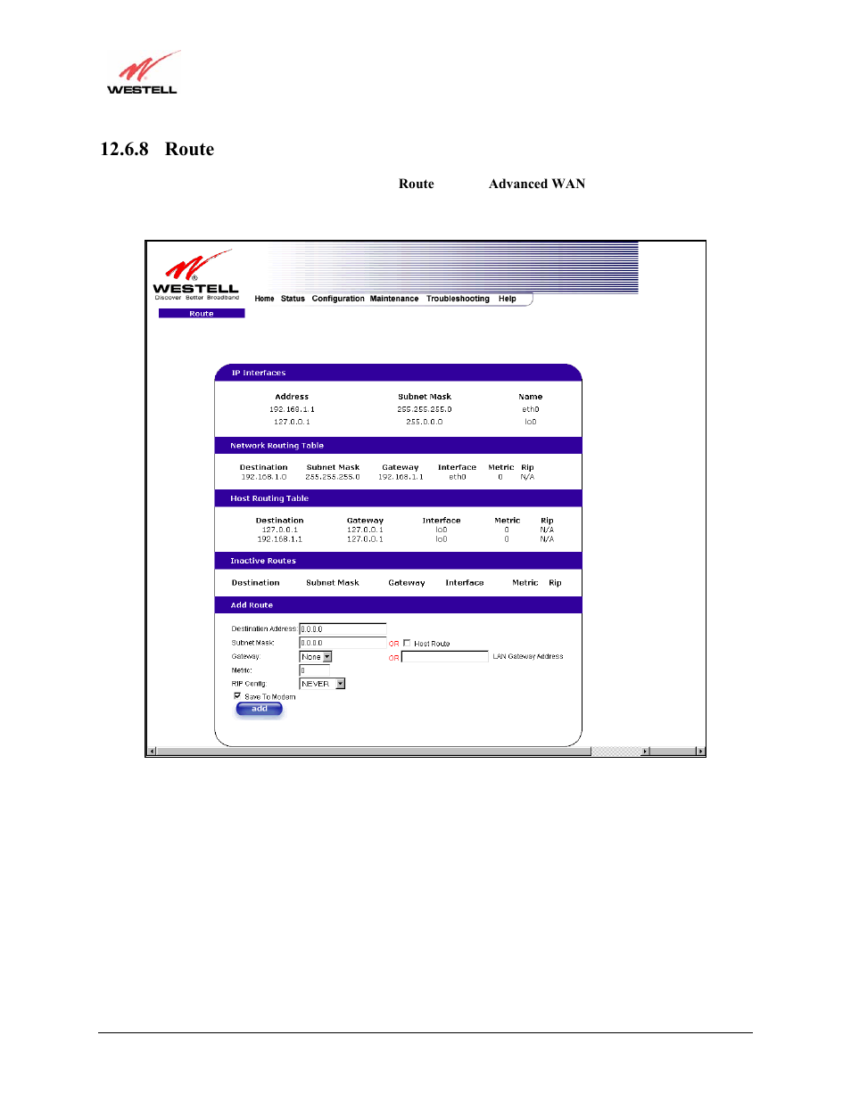 8 route | Westell Technologies Versalink 327W User Manual | Page 111 / 157