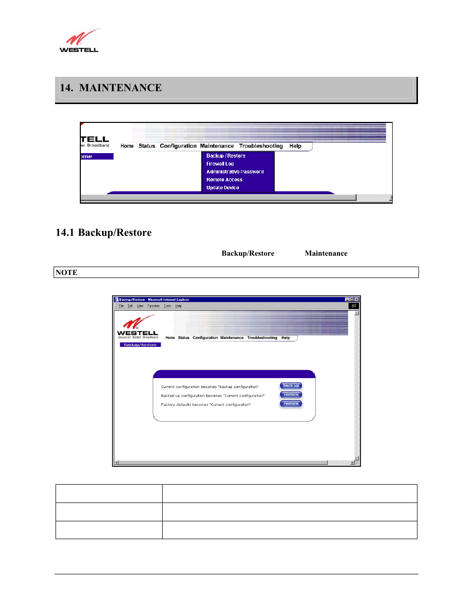 Maintenance, 1 backup/restore | Westell Technologies Versalink 327W User Manual | Page 123 / 157