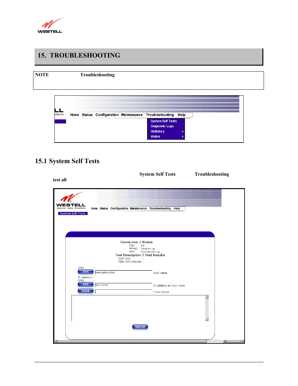 Troubleshooting, 1 system self tests | Westell Technologies Versalink 327W User Manual | Page 133 / 157