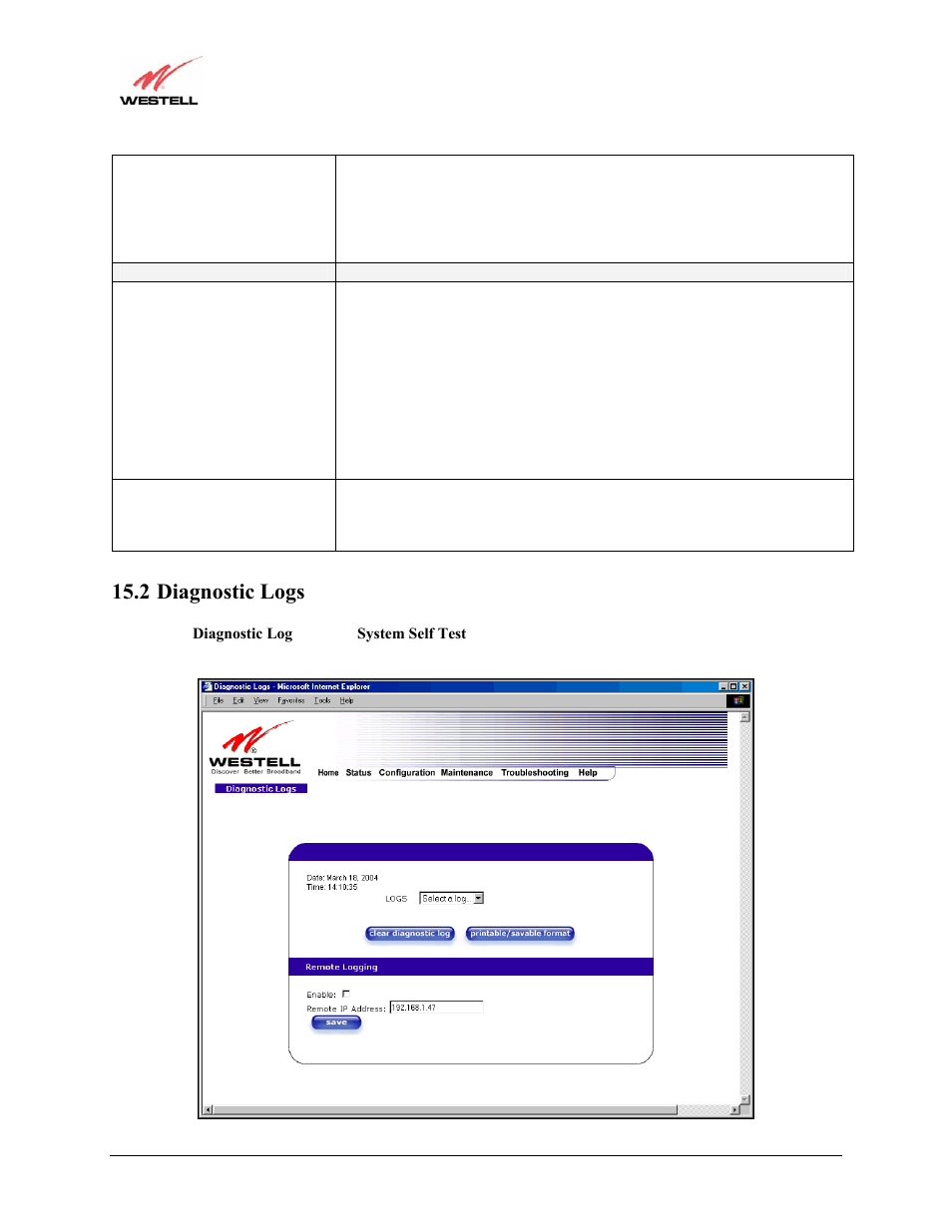 2 diagnostic logs | Westell Technologies Versalink 327W User Manual | Page 135 / 157