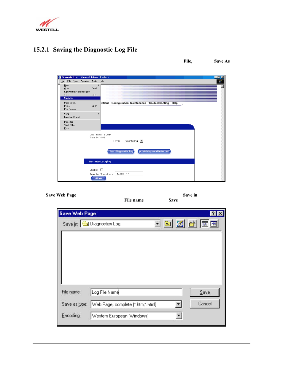 1 saving the diagnostic log file | Westell Technologies Versalink 327W User Manual | Page 138 / 157