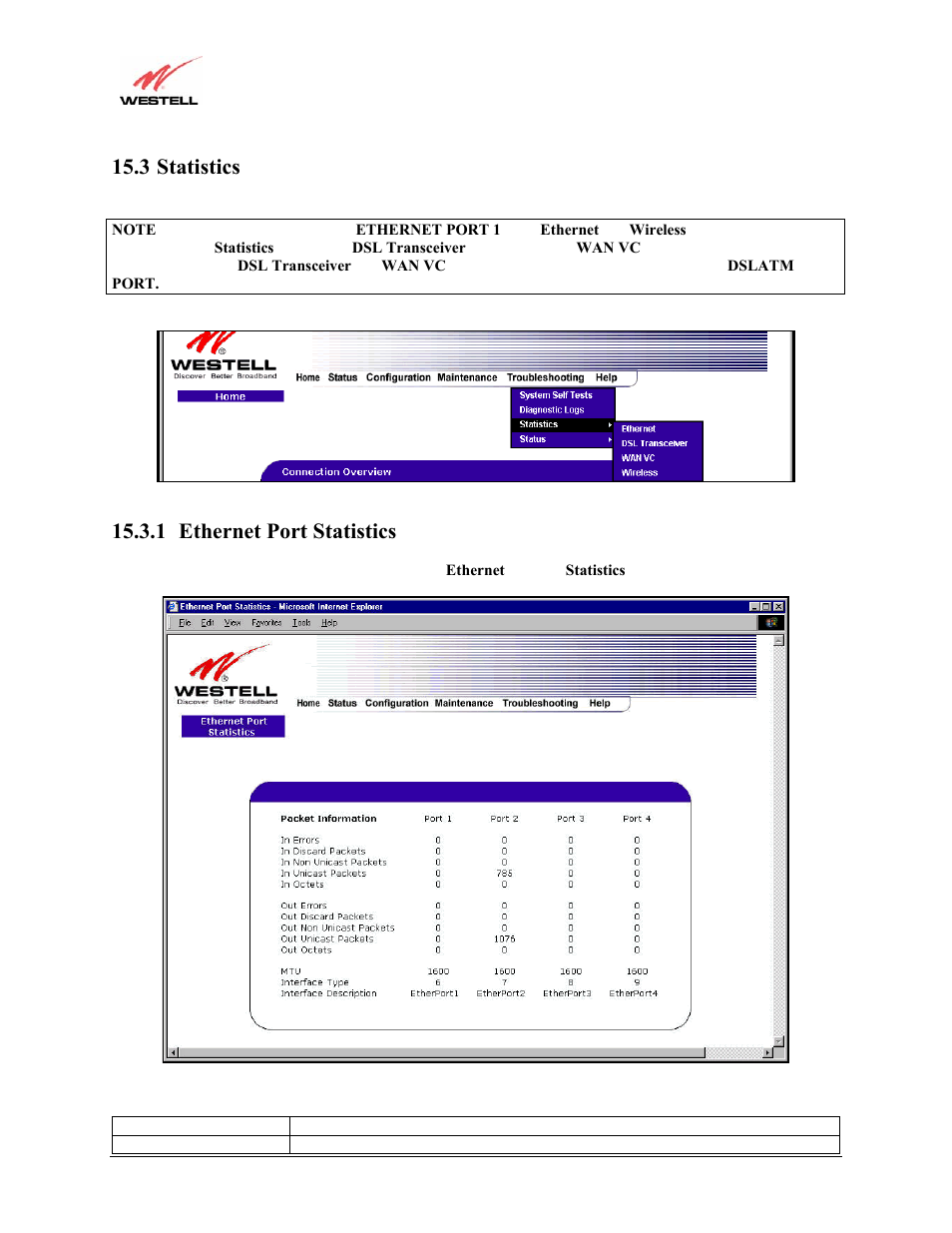 3 statistics, 1 ethernet port statistics | Westell Technologies Versalink 327W User Manual | Page 139 / 157