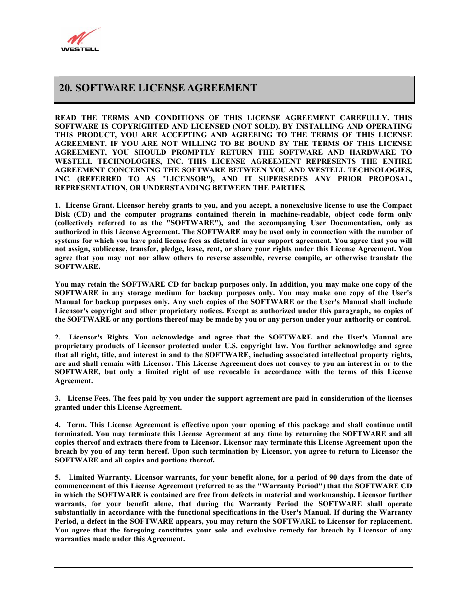 Software license agreement | Westell Technologies Versalink 327W User Manual | Page 156 / 157